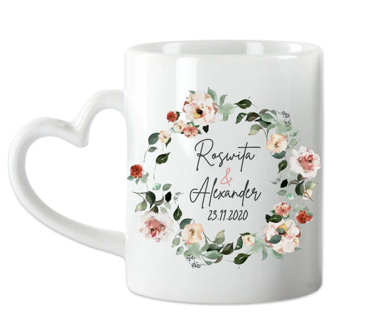 Personalisierte Hochzeitsgeschenk Tasse Blumenkranz Brautpaar, Ehepaar - Idee Hochzeit
