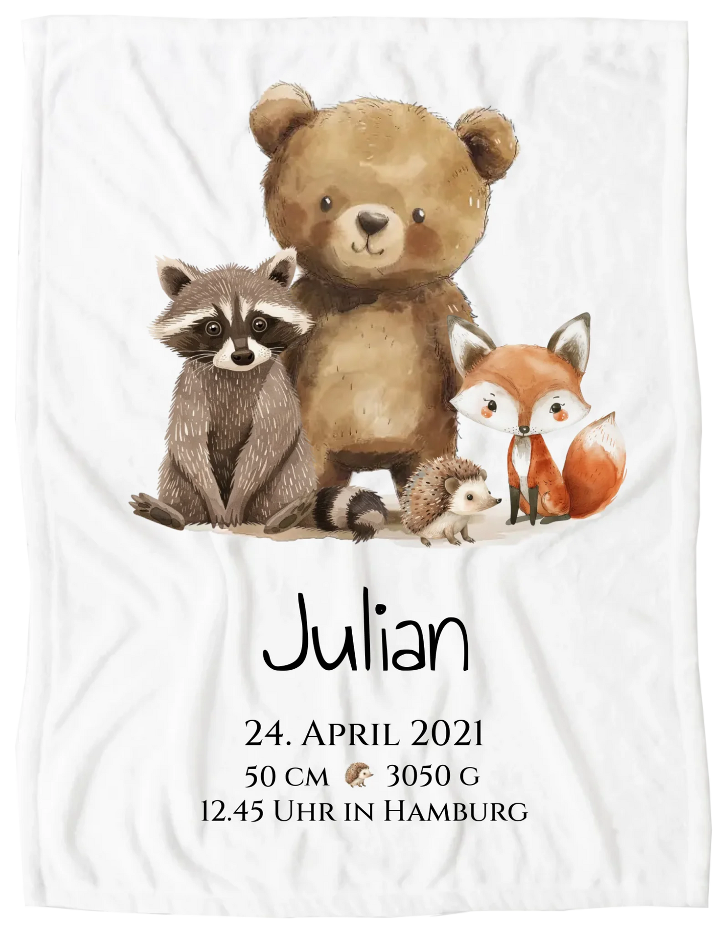 Personalisiertes Kinderposter Geschenk zur Geburt und Taufe - Waldtiere Kinderkissen & Kinderdecke Blanket Premium Kuscheldecke 200 x 150 cm 60" x 80"