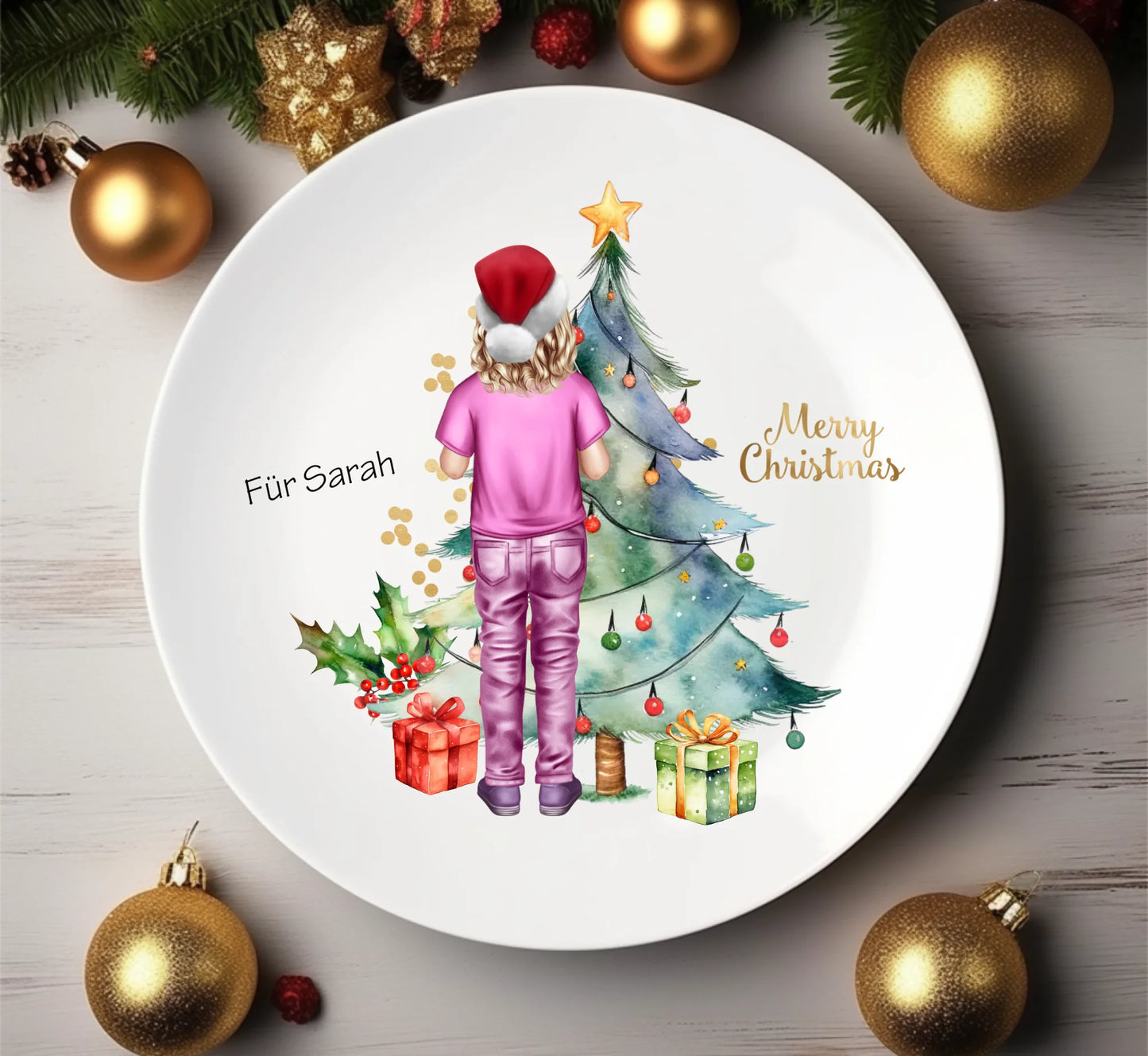 Personalisiertes Kinder Weihnachtsgeschenk Tasse / Teller Junge, Mädchen mit Name und Outfit