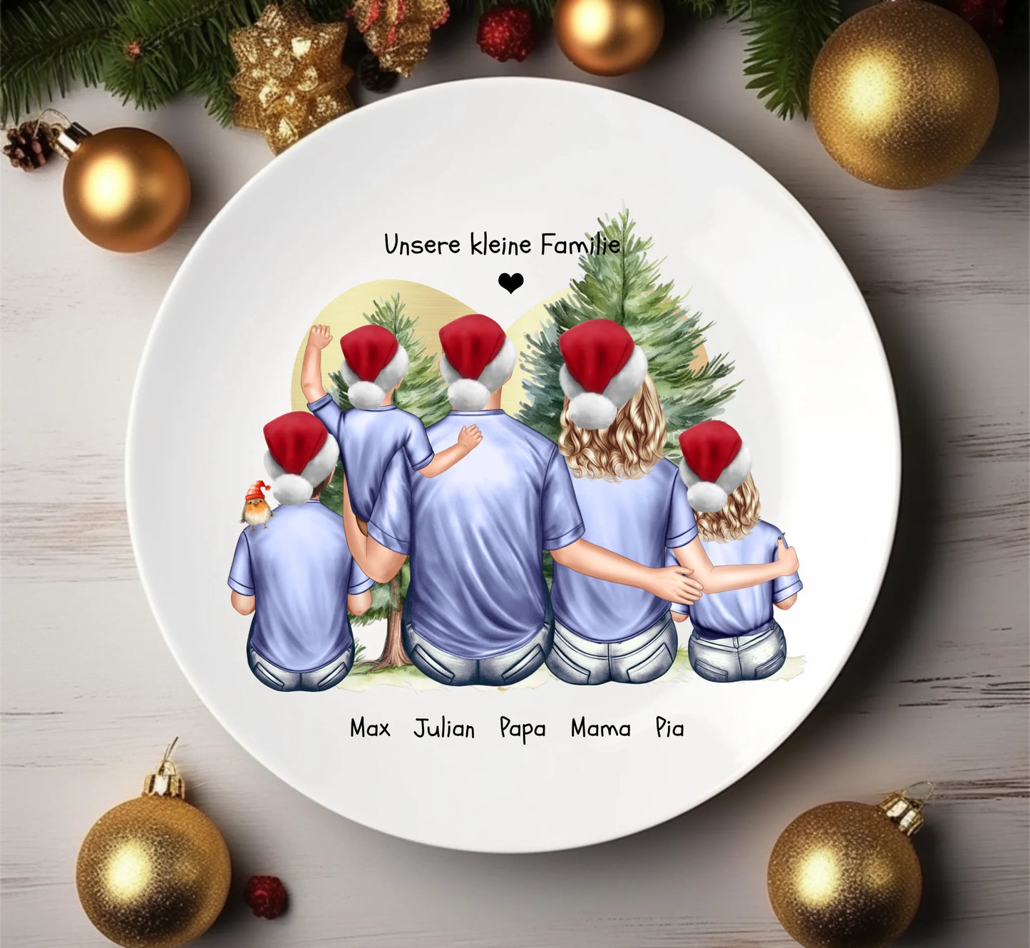 Adventsteller / Weihnachtsteller mit Mama & Papa und 3 Kindern personalisiert mit Namen, Spruch und Kleidung - Personalisiertes Nikolausgeschenk & Weihnachtsgeschenk & Geburtstagsgeschenk