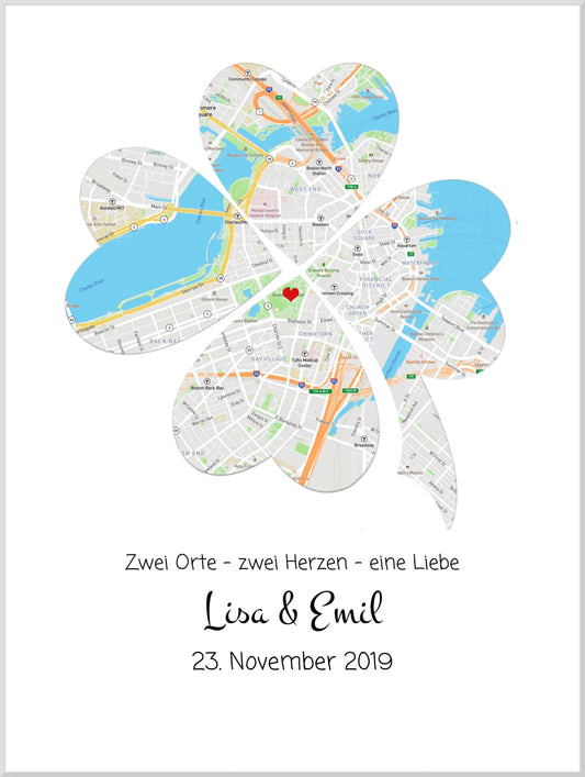 Wo alles begann Poster | Personalisierte Stadtkarte | 2 Orte, Kleeblatt | Hochzeitstaggeschenk - Valentinstaggeschenk - Glückwünsche-Hochzeitswünsche Leinwanddruck Leinwandbild