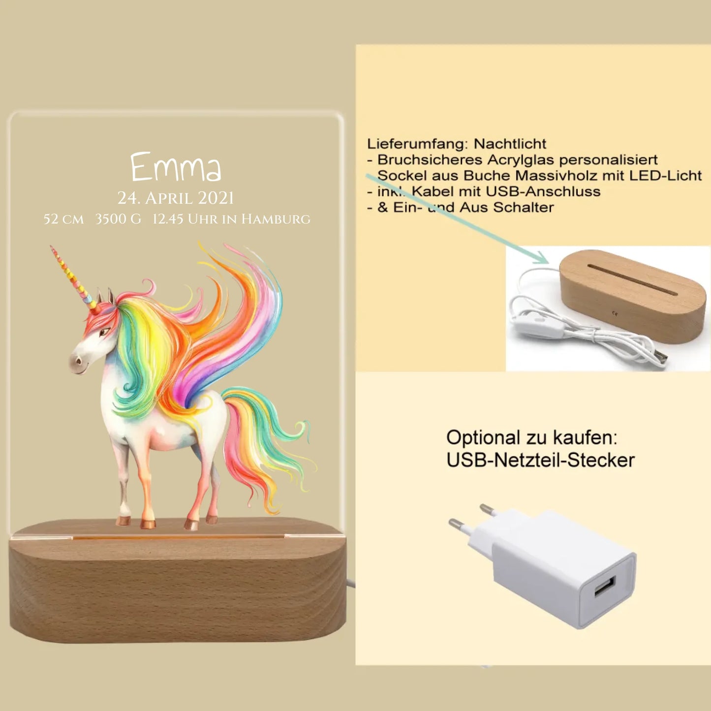 Personalisiertes LED Nachtlicht Geschenk Geburt & Taufe - Geburtsanzeige