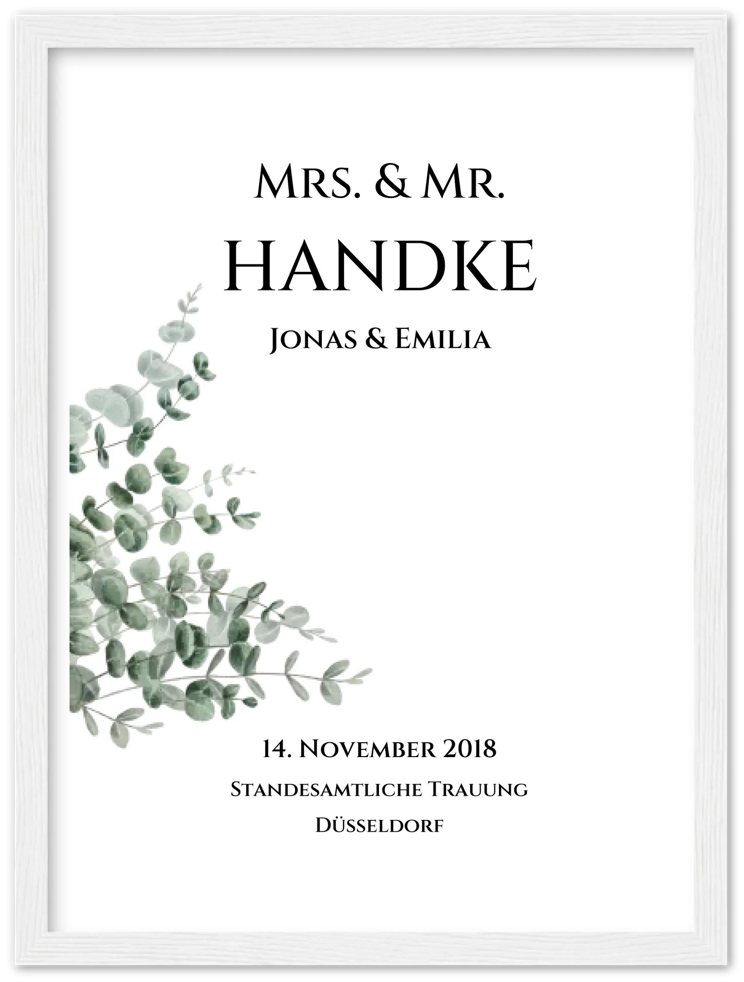 Personalisiertes Hochzeitsposter "Just Married" | "Mr. & Mrs." Hochzeitsgeschenk mit Namen und Datum Premium Matte Paper Wooden Framed Poster - White - Vertical Gerahmtes Poster