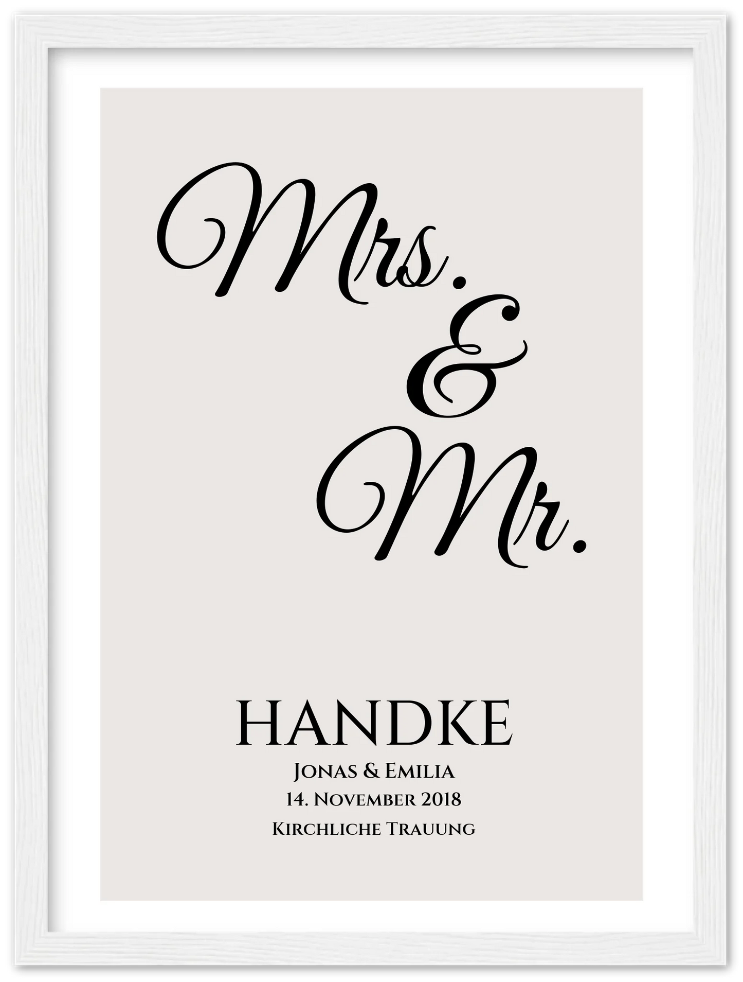 "Mr. & Mrs." Personalisiertes Hochzeitsposter | Hochzeitsgeschenk Bild mit Namen und Datum Premium Matte Paper Wooden Framed Poster - White - Vertical Gerahmtes Poster