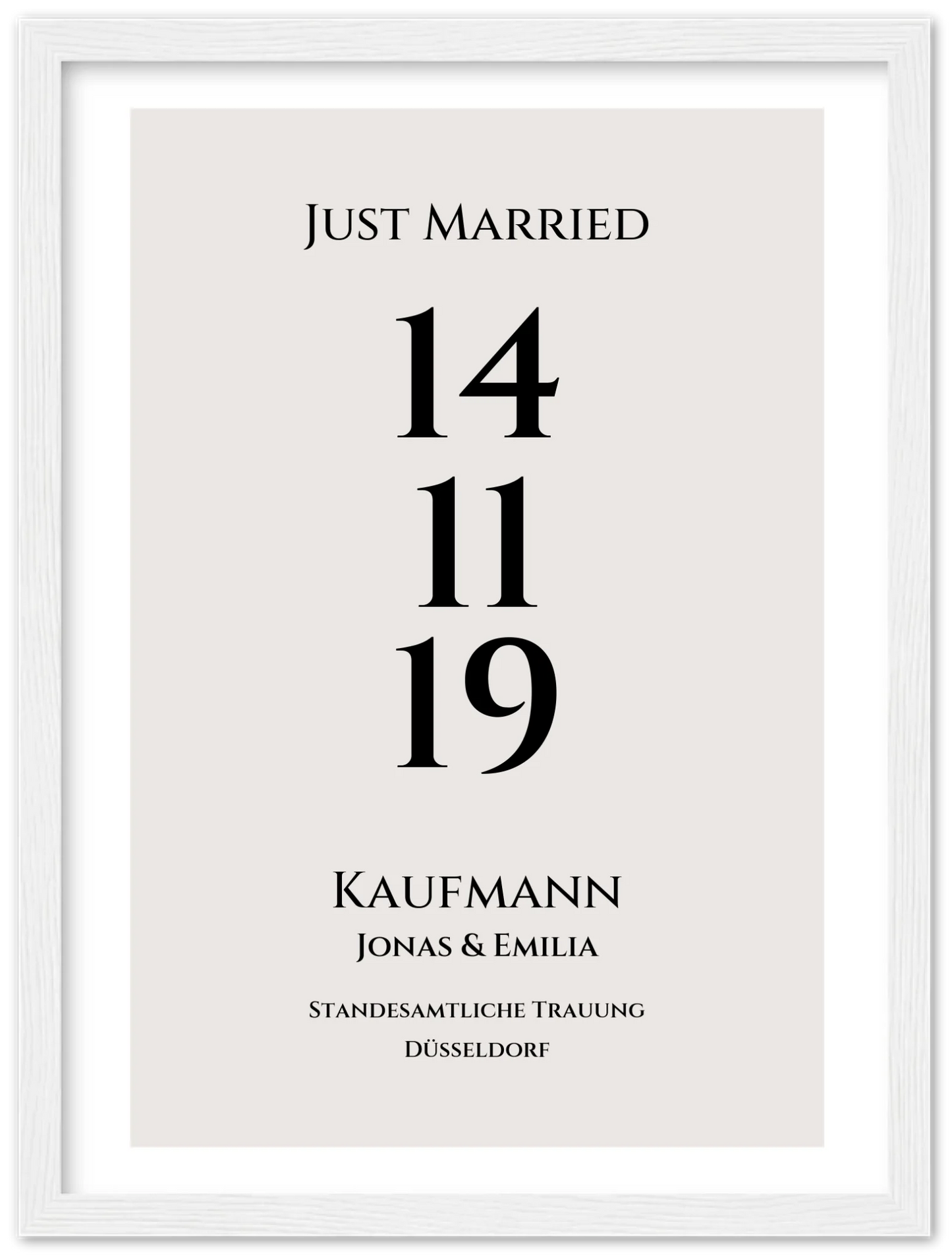 Personalisiertes Hochzeitsposter "Just Married" | "Hochzeit Datum" Hochzeitsgeschenk mit Namen und Datum Premium Matte Paper Wooden Framed Poster - White - Vertical Gerahmtes Poster