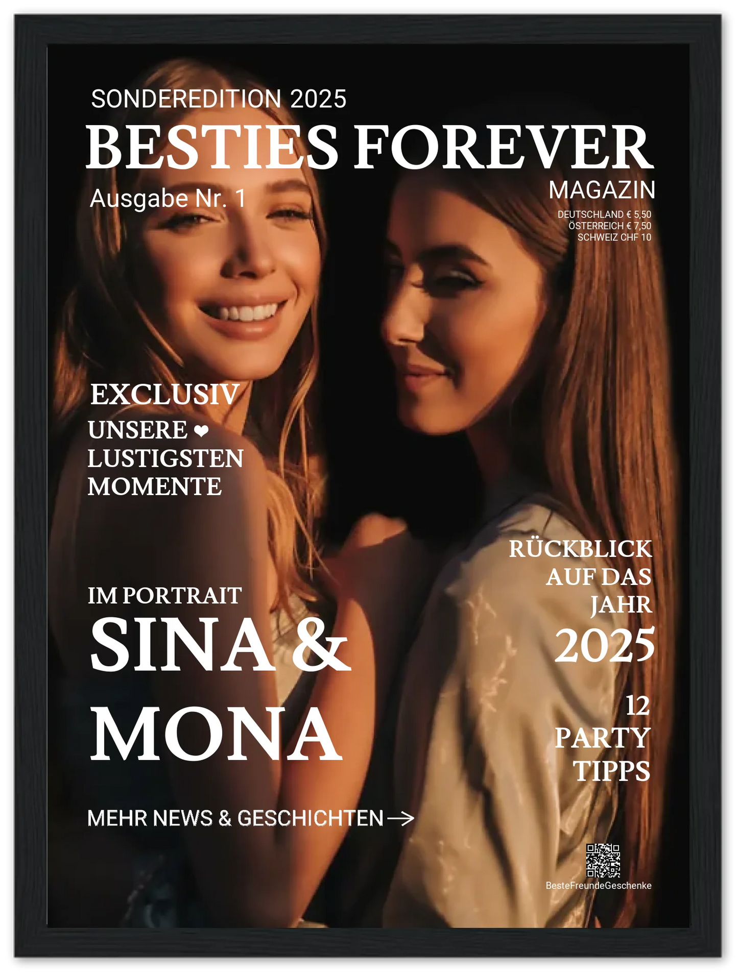 Beste Freundin Geschenk "BESTIES" - Personalisiertes Magazine Cover Premium Matte Paper Wooden Framed Poster - Black - Vertical Gerahmtes Poster 30x40 cm