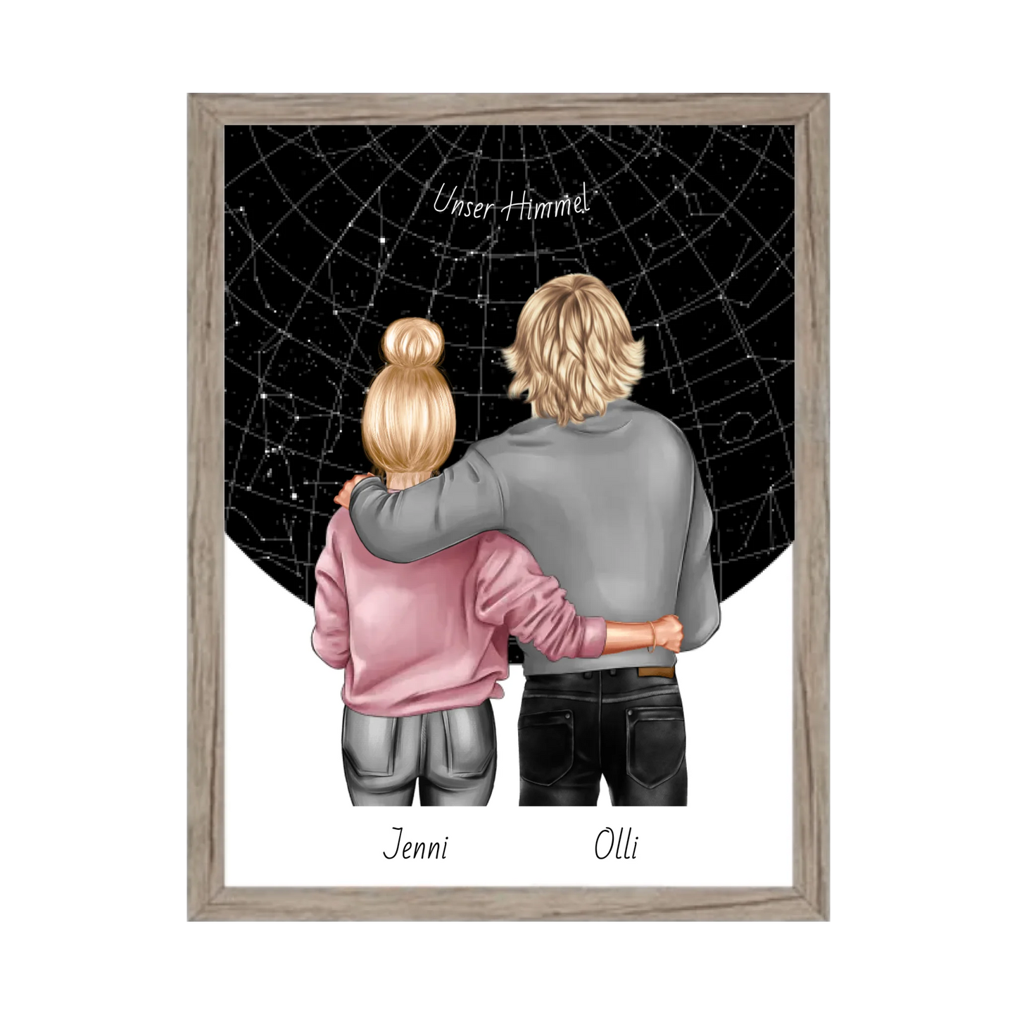 Personalisiertes Poster Geschenk Freundin / Freund - Paar Bild mit Stadtkarte / Sternenkarte - Geburtstagsgeschenk, Weihnachtsgeschenk Gerahmtes Poster Eichenflair Eichenflair