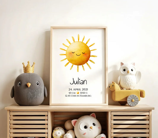 Personalisiertes Poster zur Geburt oder Taufe mit Sonne, Geburtdaten oder Taufdaten kaufen