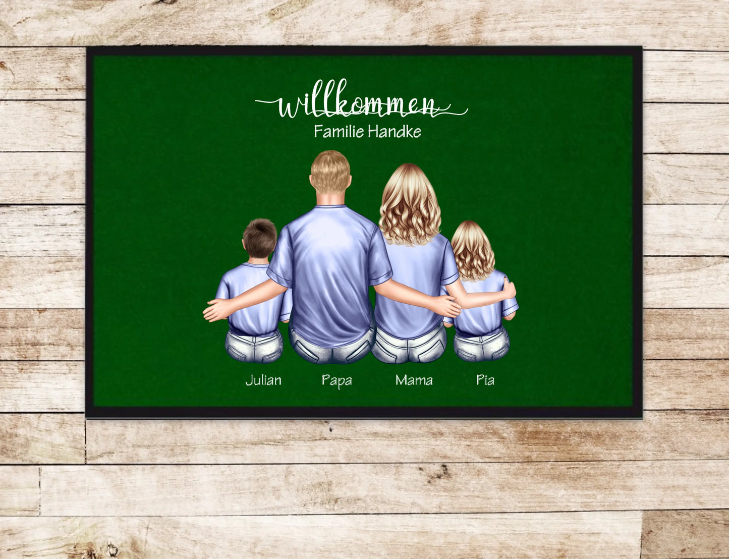 Geschenk Familie | Personalisierte Fußmatte Familie Mama | Papa, 2 Kindern mit Name | Dekofußmatte Fußmatte 60x40 + 70x50 cm mit Gummirand Grün - Lieferung DE & AU 60x40 cm