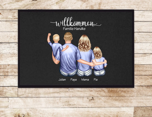 Geschenk Familie | Personalisierte Fußmatte Familie Mama | Papa, 2 Kindern, Baby mit Name | Dekofußmatte Fußmatte 60x40 + 70x50 cm mit Gummirand Schwarz - Lieferung DE & AU 60x40 cm