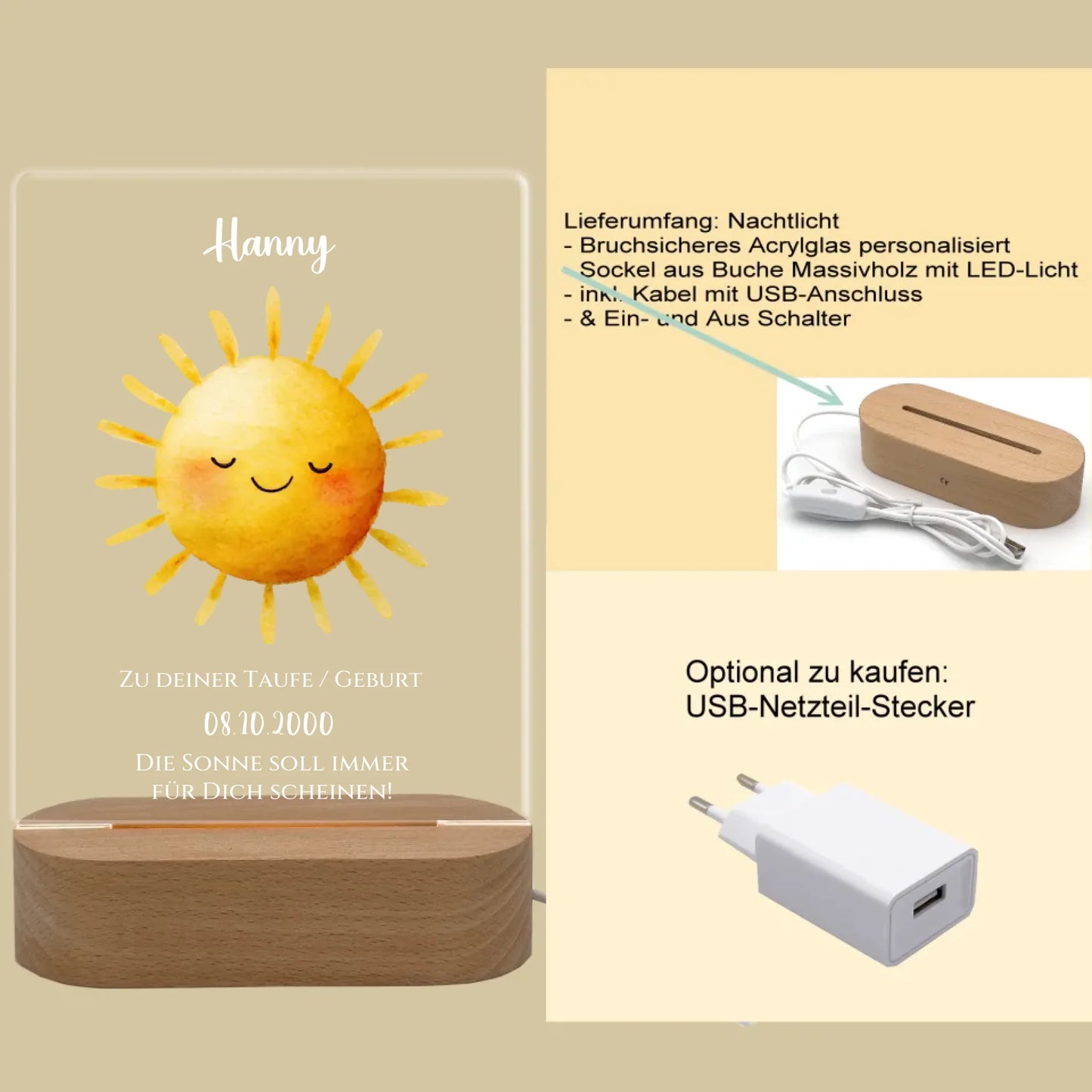 Zur Taufe Taufgeschenk / Geburtsgeschenk - Personalisiertes Baby & Kinder - LED Nachtlicht SONNE