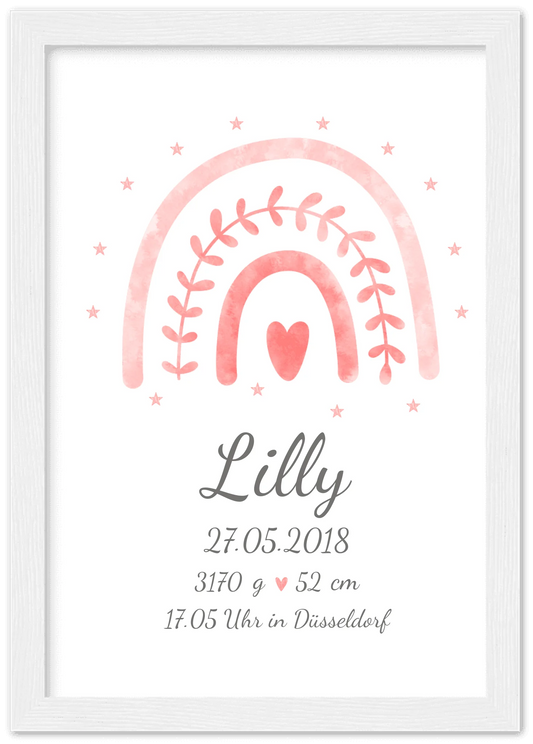 Personalisiertes Poster Geschenk zur Geburt & Taufe | Geburtsanzeige & Taufgeschenk Regenbogen Premium Matte Paper Wooden Framed Poster - White - Vertical Gerahmtes Poster A4 21x29.7 cm
