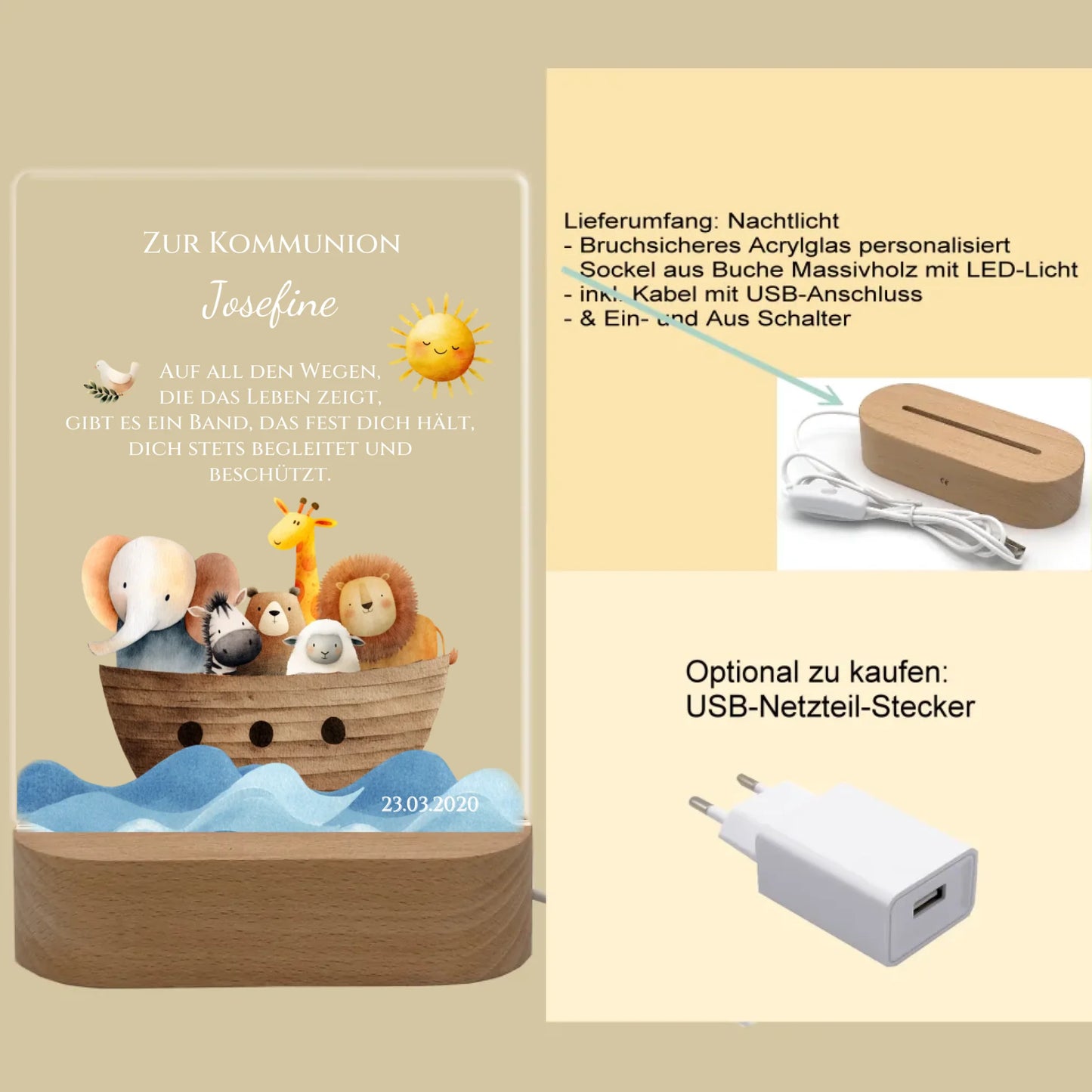 Zur Kommunion / Konfirmation / Taufe oder Geburt. Personalisiertes Kinder oder Baby - LED Nachtlicht Arche Noah.