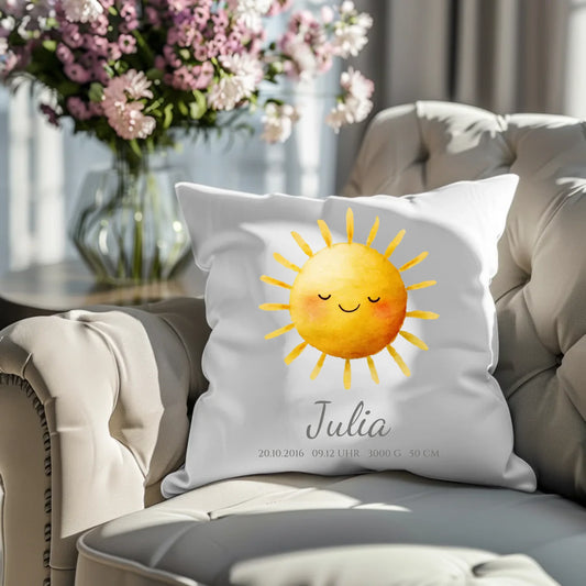 Personalisiertes Geschenk zur Geburt / Taufgeschenk - Sonne Kissen mit Name und Geburtsdaten