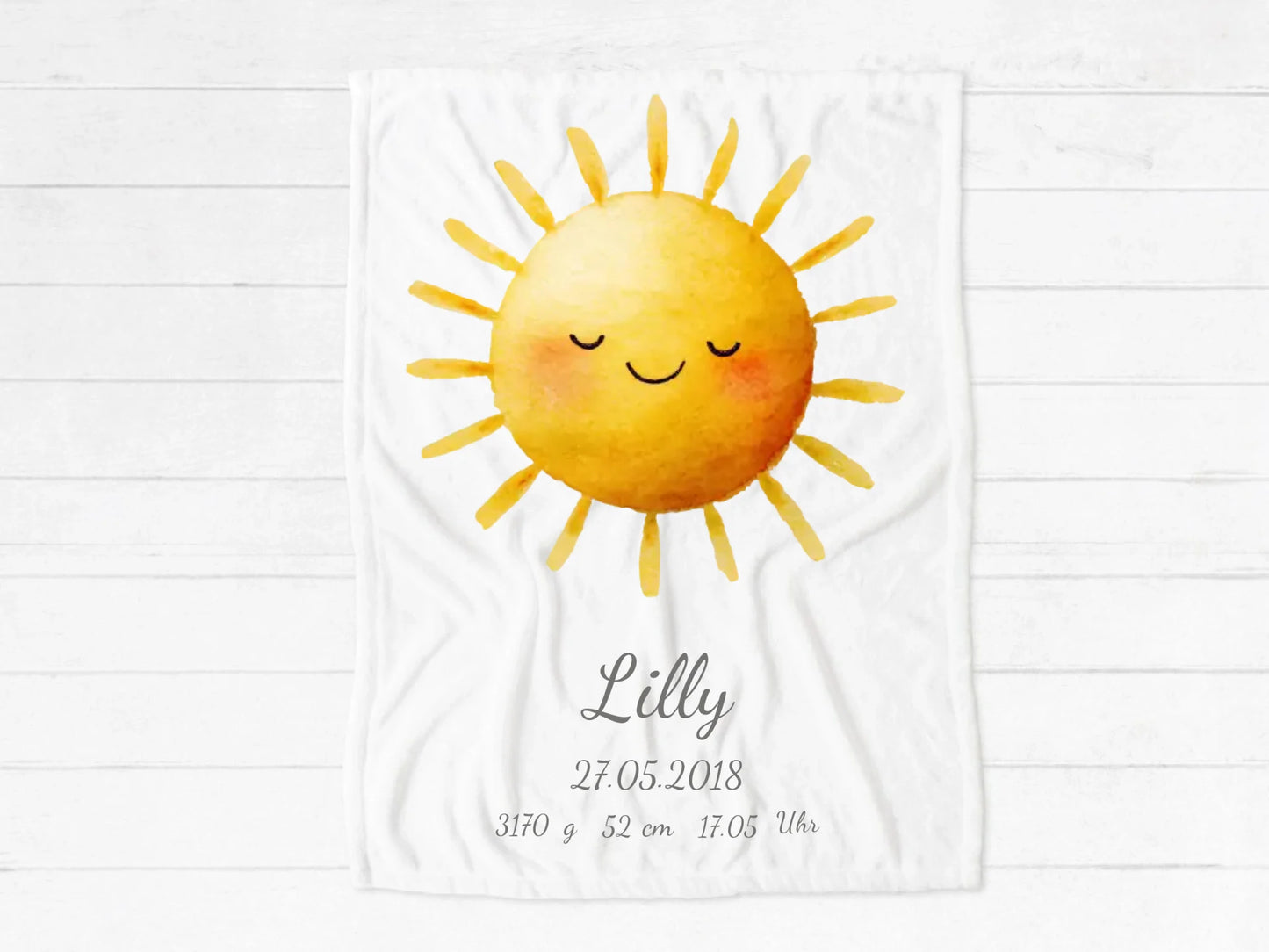 Personalisiertes Geburtsgeschenk / Taufgeschenk: Sonne Decke mit Name und Geburtsdaten