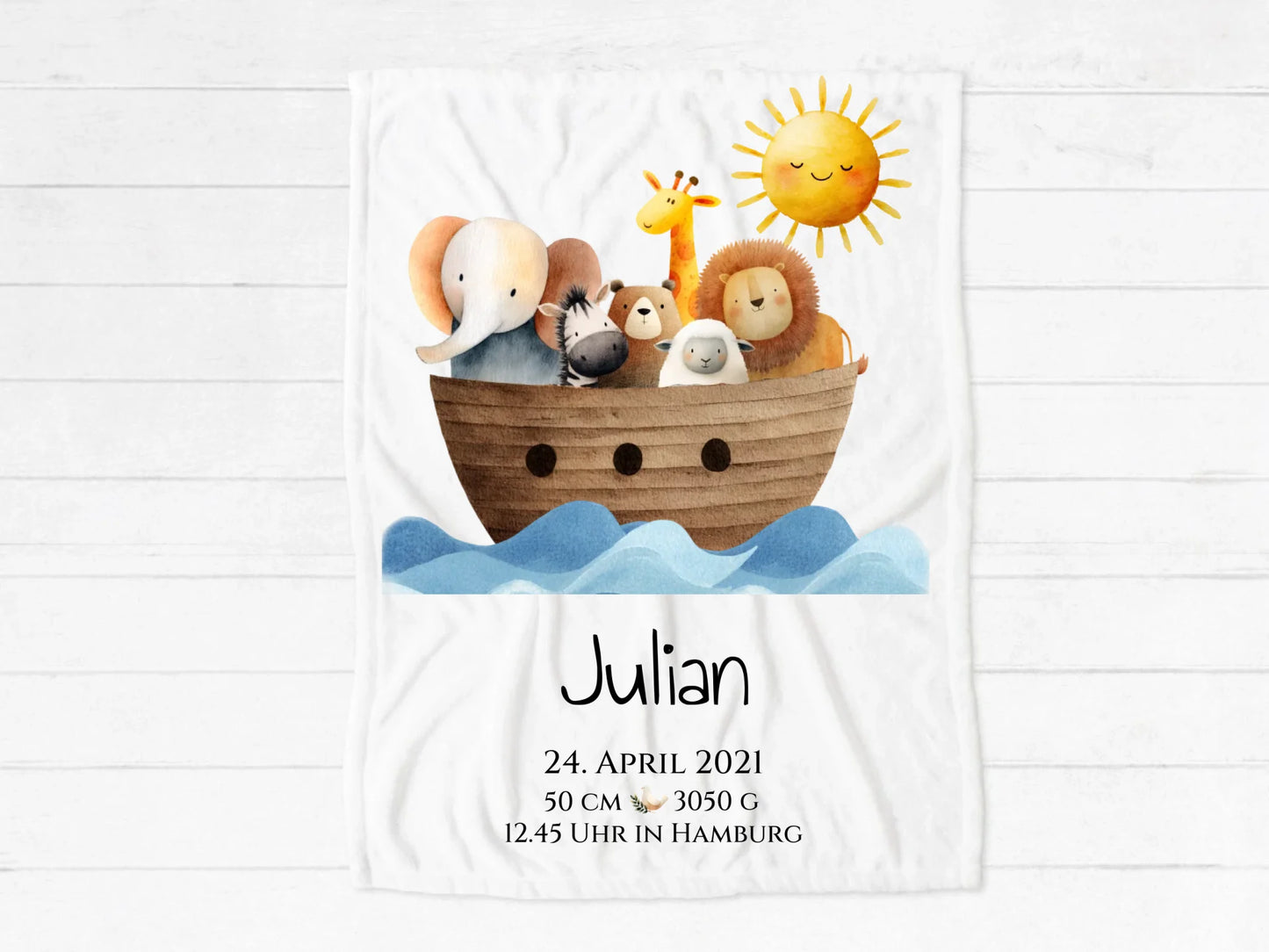 Personalisiertes Geburtsgeschenk / Taufgeschenk: Sonne Decke mit Name und Geburtsdaten