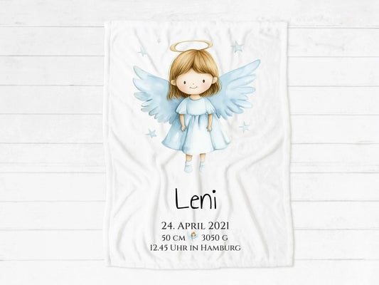 Schutzengel - Personalisiertes Geburtsgeschenk / Taufgeschenk: Decke mit Name und Geburtsdaten