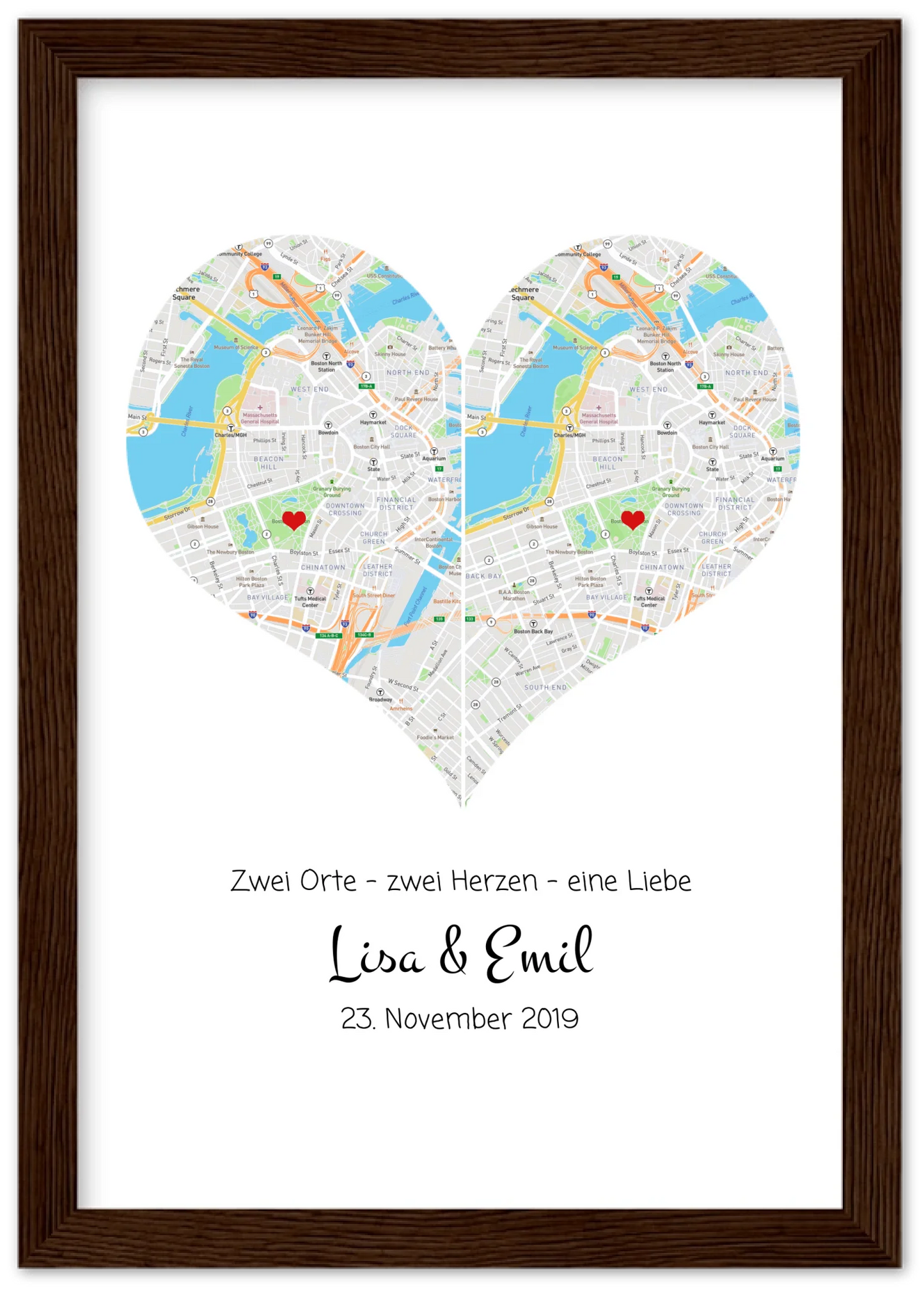 „Wo alles begann“-Poster: Stadtkarte mit 2 Orten & Herz, Namen & Datum – Hochzeitsgeschenk Premium Matte Paper Wooden Framed Poster - Dark wood - Vertical Gerahmtes Poster