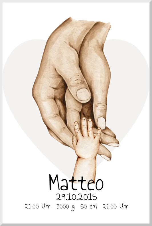 Personalisierte Geburtsanzeige | Hände Poster | Bild Familie | Kindername | personalisiertes Familiengeschenk | Geburtsdaten Leinwanddruck Leinwandbild