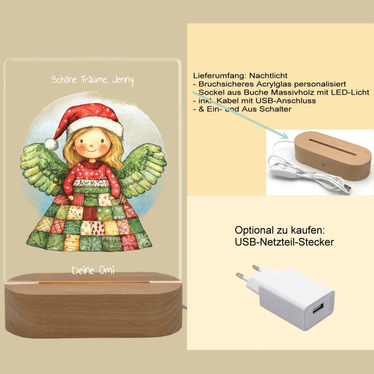 Personalisiertes LED Nachtlicht & Dekolicht für Kinder - Weihnachtsengel