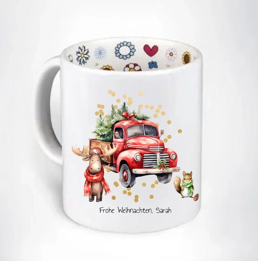 Weihnachtstasse mit Weihnachtsengel für Mädchen/Jungen mit Tannenbaum und Weihnachtsauto