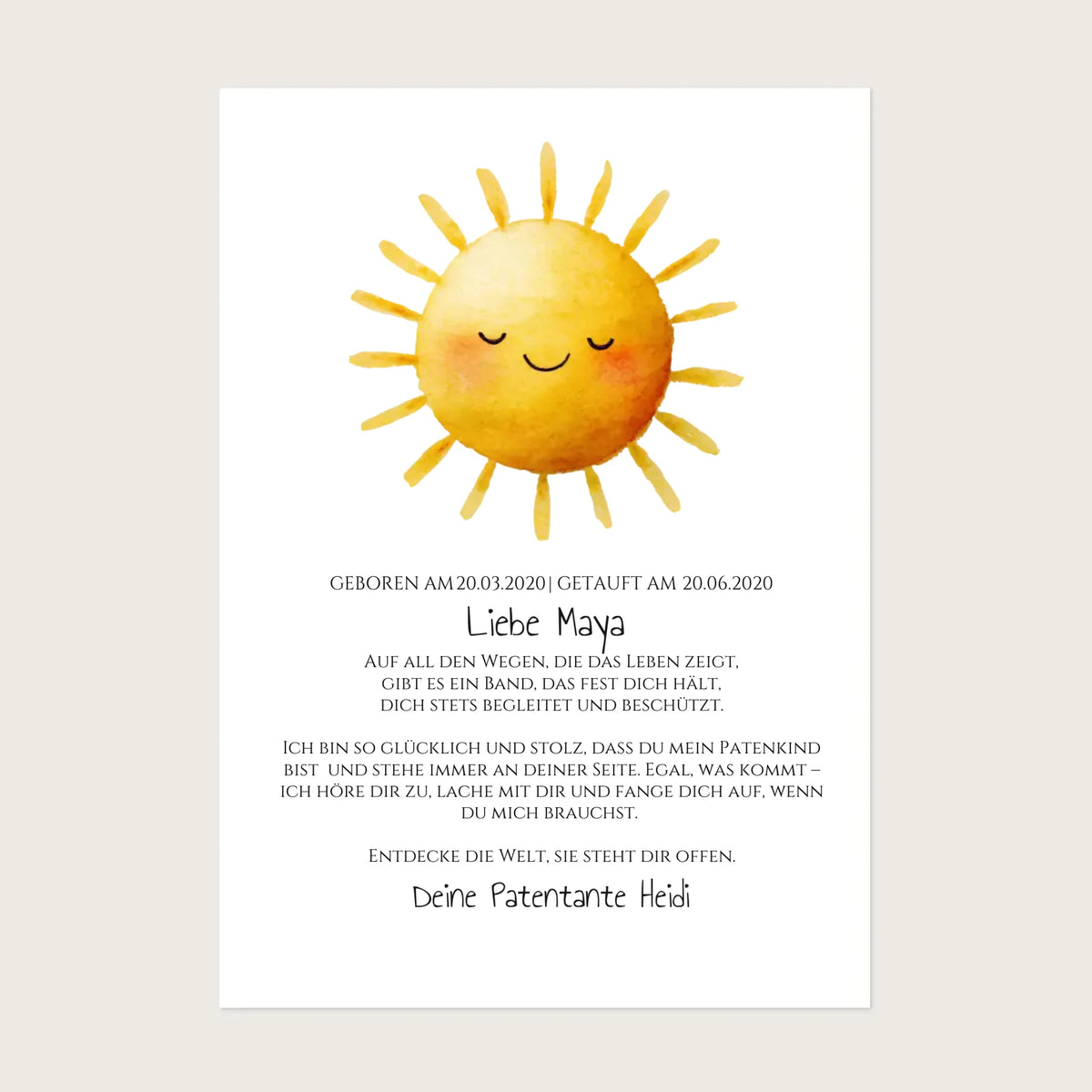 Patenbrief von Patentante / Patenonkel mit Sonne !!! Digitale Datei zum Selberdrucken - kein Poster !!! Digitale Datei zum Selberdrucken - kein Poster A4 A3 A2
