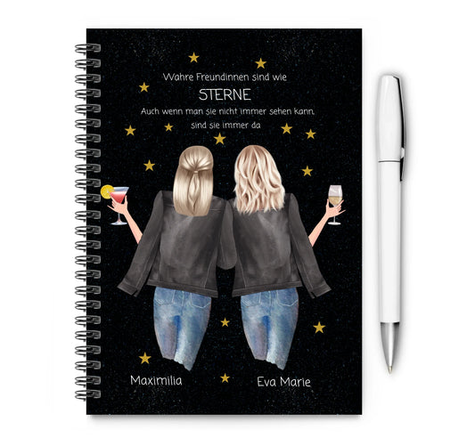 Tolles Geburtstagsgeschenk zur Erinnerung. Collegeblock & Notizbloch mit 2 Freundinnen Motiv, Namen und Spruch gestaltbar.
