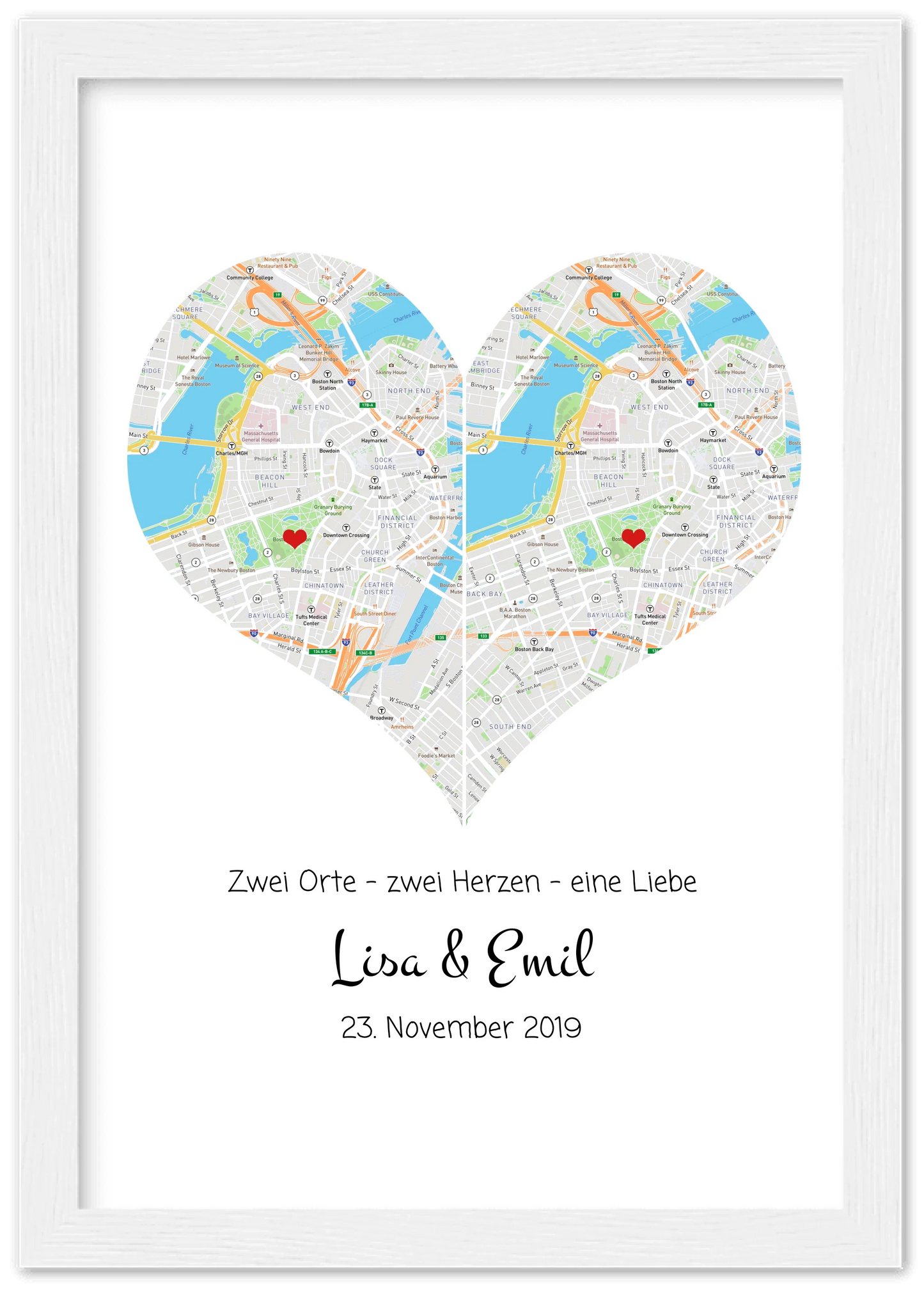 Stilvolles Hochzeitsgeschenk zu bleibenden Erinnerung. Koordinaten Hochzeitsherz online gestalten.
