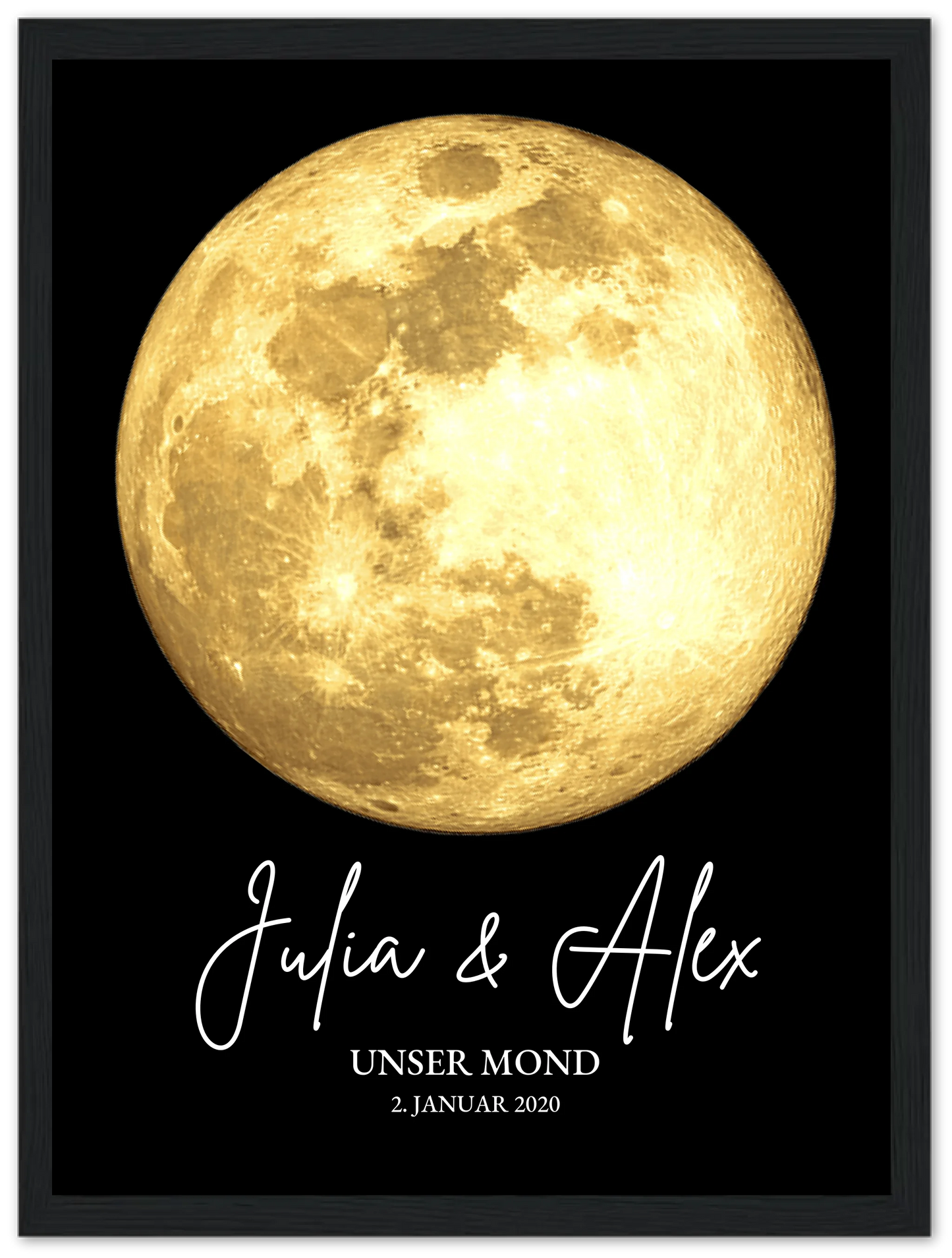 Gestalte ein stilvolles und individuelles, personalisiertes Mond Poster als Hochzeitsgeschenk, ideal zur Erinnerung zum Jahrestag, Hochzeitstag und Valentinstag.