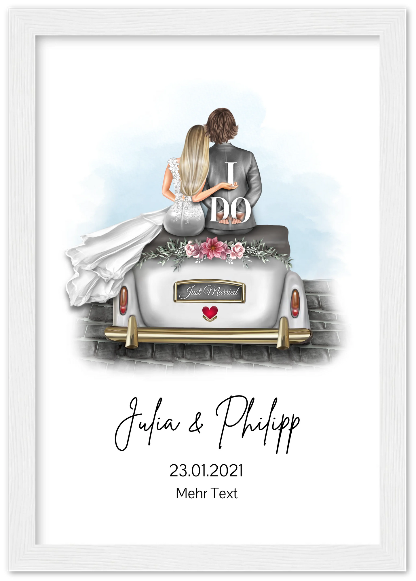 Geschenk zur Hochzeit für das Brautpaar im Hochzeitsauto mit Namen, Datum und Wunschtext anpassbar.