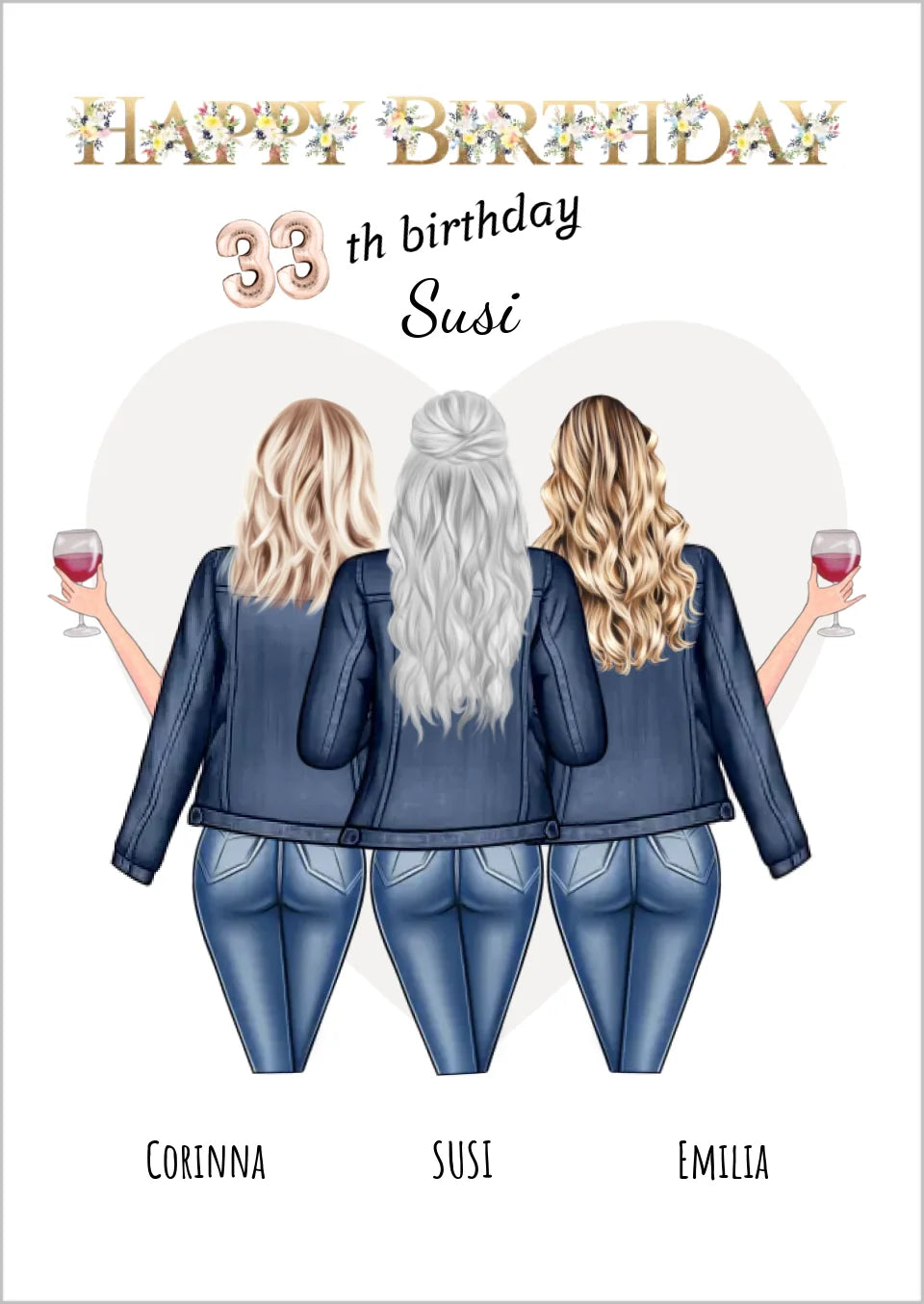 Personalisiertes Freundinnen-Poster zum Geburtstag mit 3 Frauen