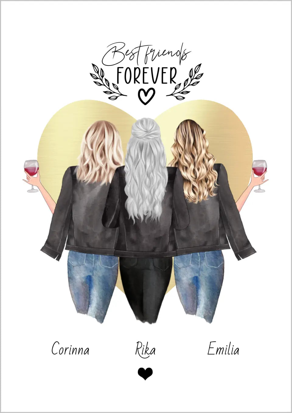 Personalisiertes Freundinnen-Poster mit 3 Frauen und Spruchauswahl