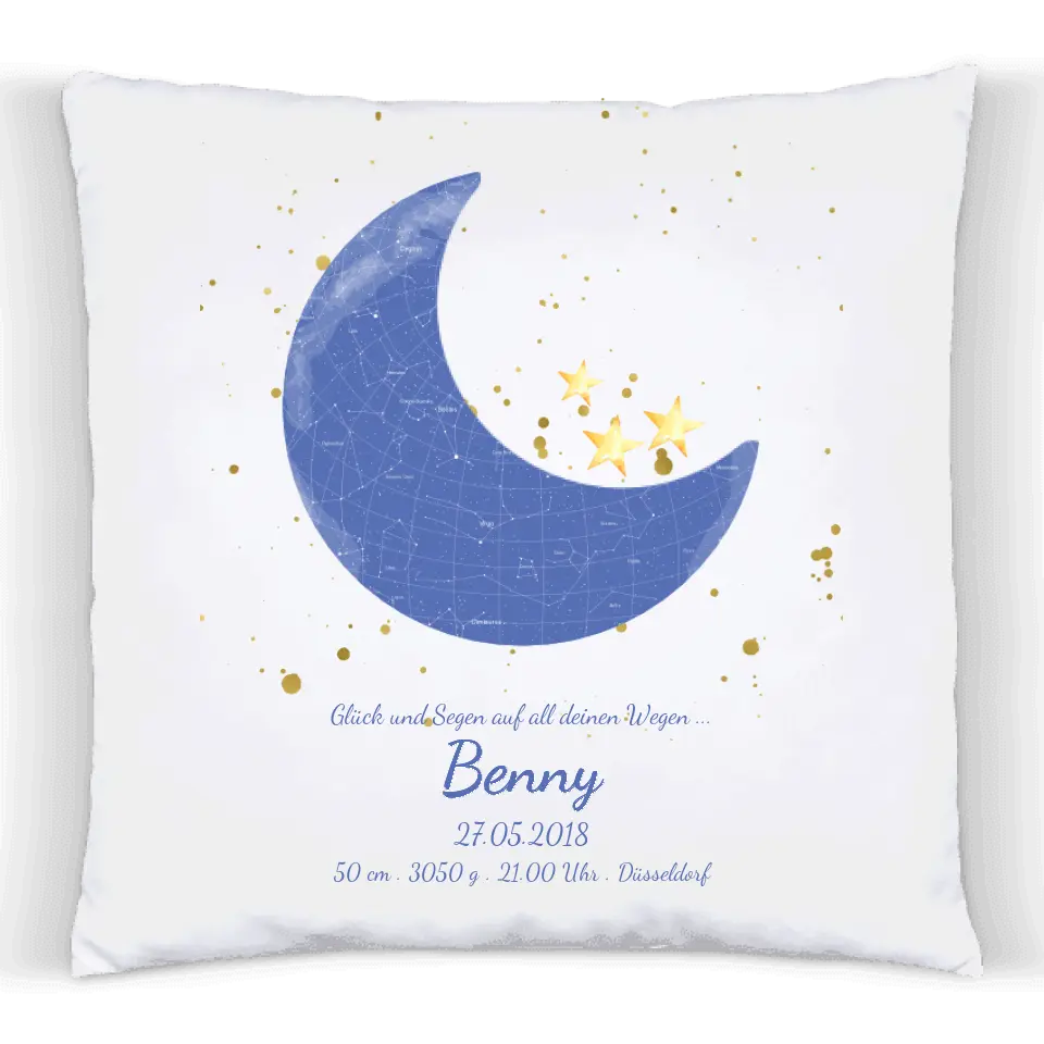 Babykissen mit Sternenhimmel im Mondmotiv als Geschenk für Neugeborene, Eltern & Paten.