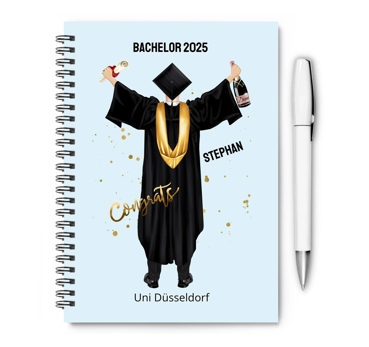 Collegeblock Abschlussgeschenk, Abi, Bachelor, Mater, Doktor mit Namen und Wunschtext