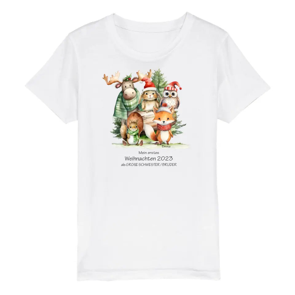 Geschenk Weihnachten 2023 - T-Shirt - Erstes Weihnachten als große Schwester, großer Bruder für Mädchen / Jungen Happy Christmas mit Wunschtext