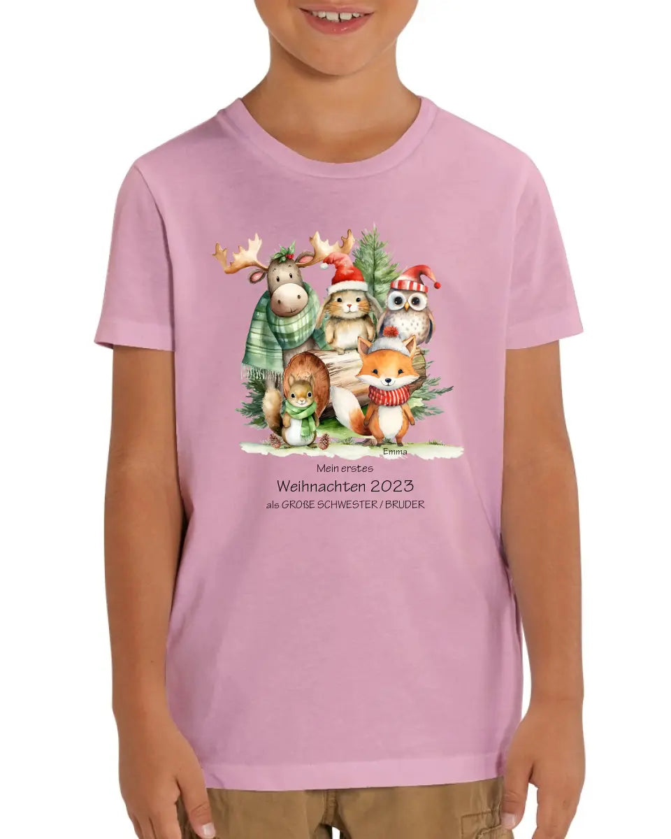 Geschenk Weihnachten 2023 - T-Shirt - Erstes Weihnachten als große Schwester, großer Bruder für Mädchen / Jungen Happy Christmas mit Wunschtext