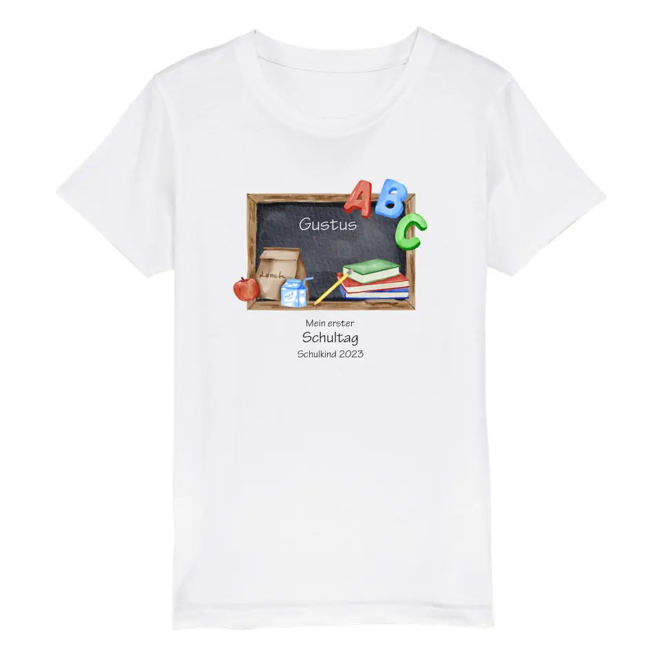 Mein erster Schultag - Kinder Bio T-Shirt mit Namen und Wunschtext personalisiert Schultafel