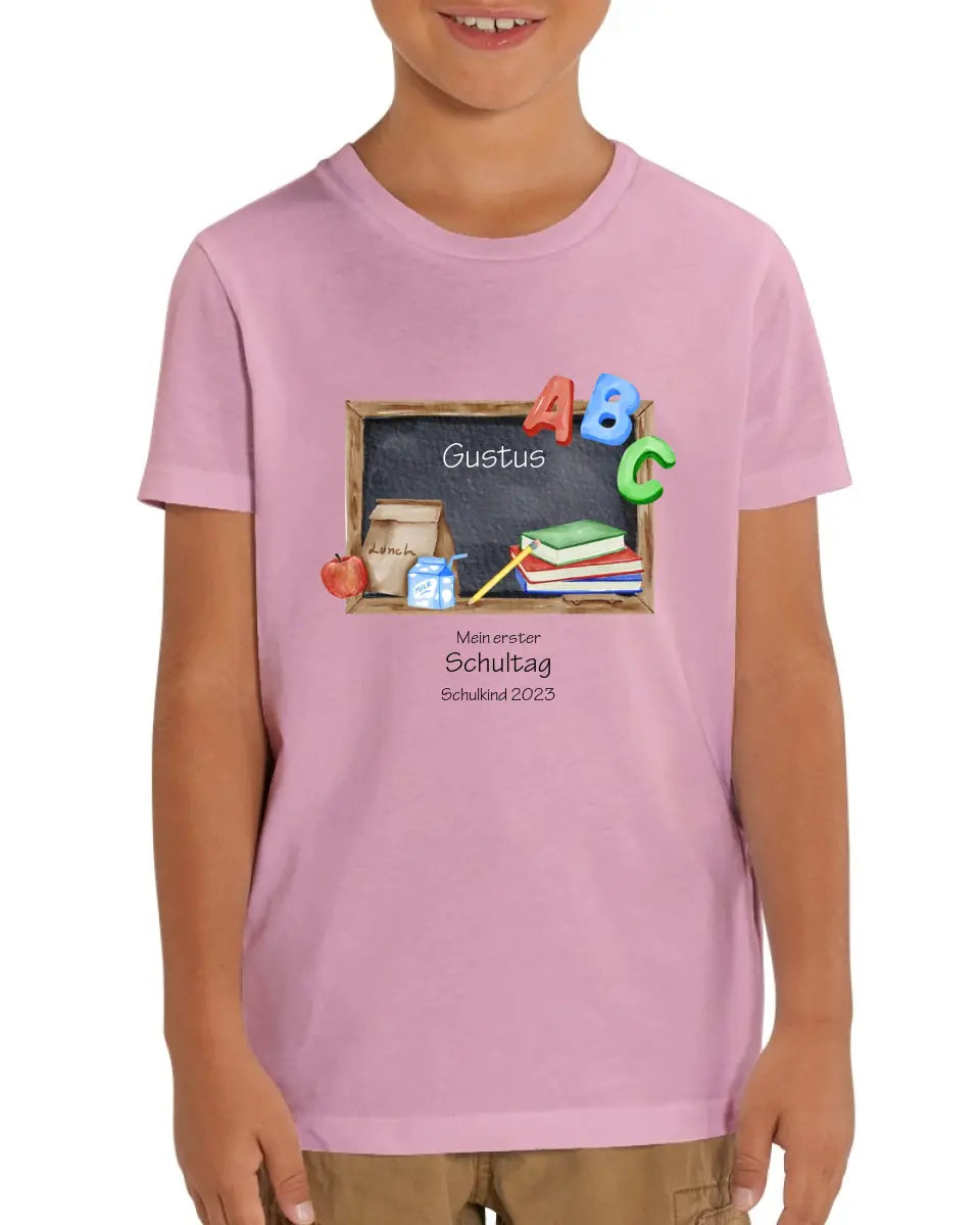 Mein erster Schultag - Kinder Bio T-Shirt mit Namen und Wunschtext personalisiert Schultafel