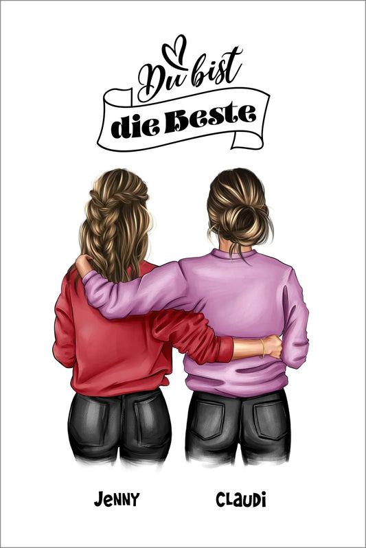 Personalisiertes beste Freundin Geschenk mit Namen und Spruch oder eigenen Text. Frisur, Haarfarbe und Kleidung ist anpassbar.