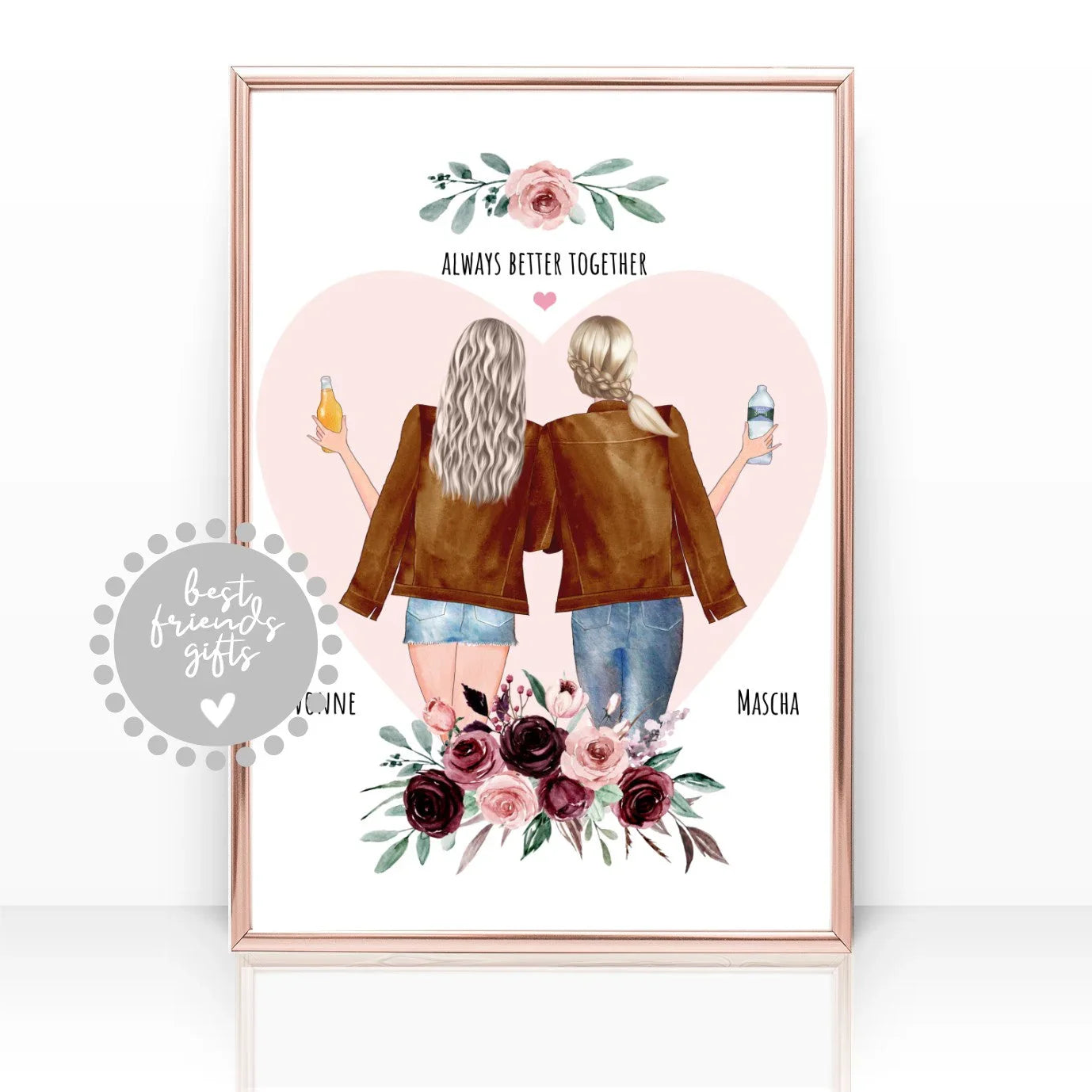 Personalisiertes Geschenk für Freundin Poster, Geburtstagsgeschenk Bild mit 2 Frauen personalisierbar mit Frisur, Outfit und Namen