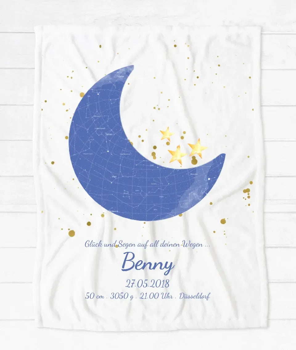 Babydecke mit Geburtsdaten als Geburtsgeschenk und Taufgeschenk Sternenhimmelmotiv