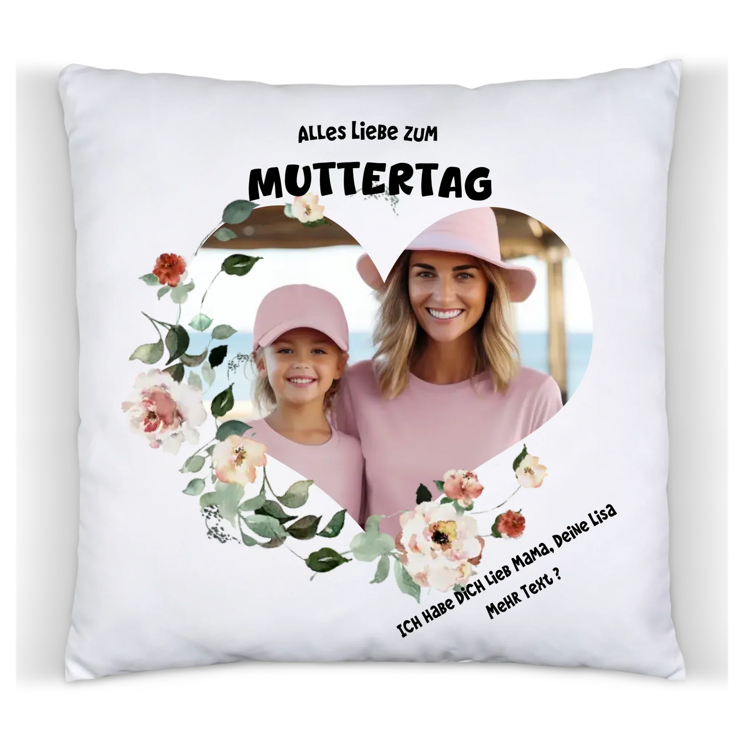 Fotokissen mit eigenem Bild, Name und Text gestalten. Perfekt zum Geburtstag, Muttertag, Vatertag und Weihnachten.