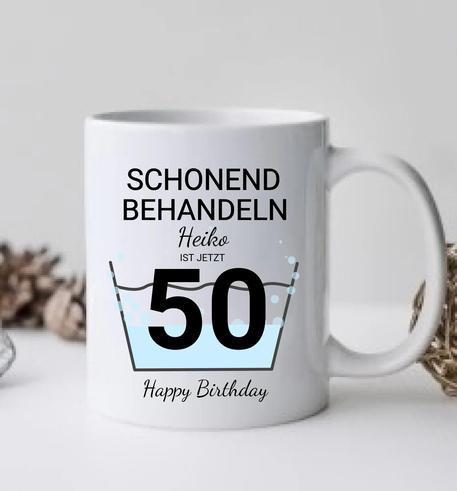 50. Geburtstag - personalsierte Tasse "schonend behandeln" mit Name und Datum
