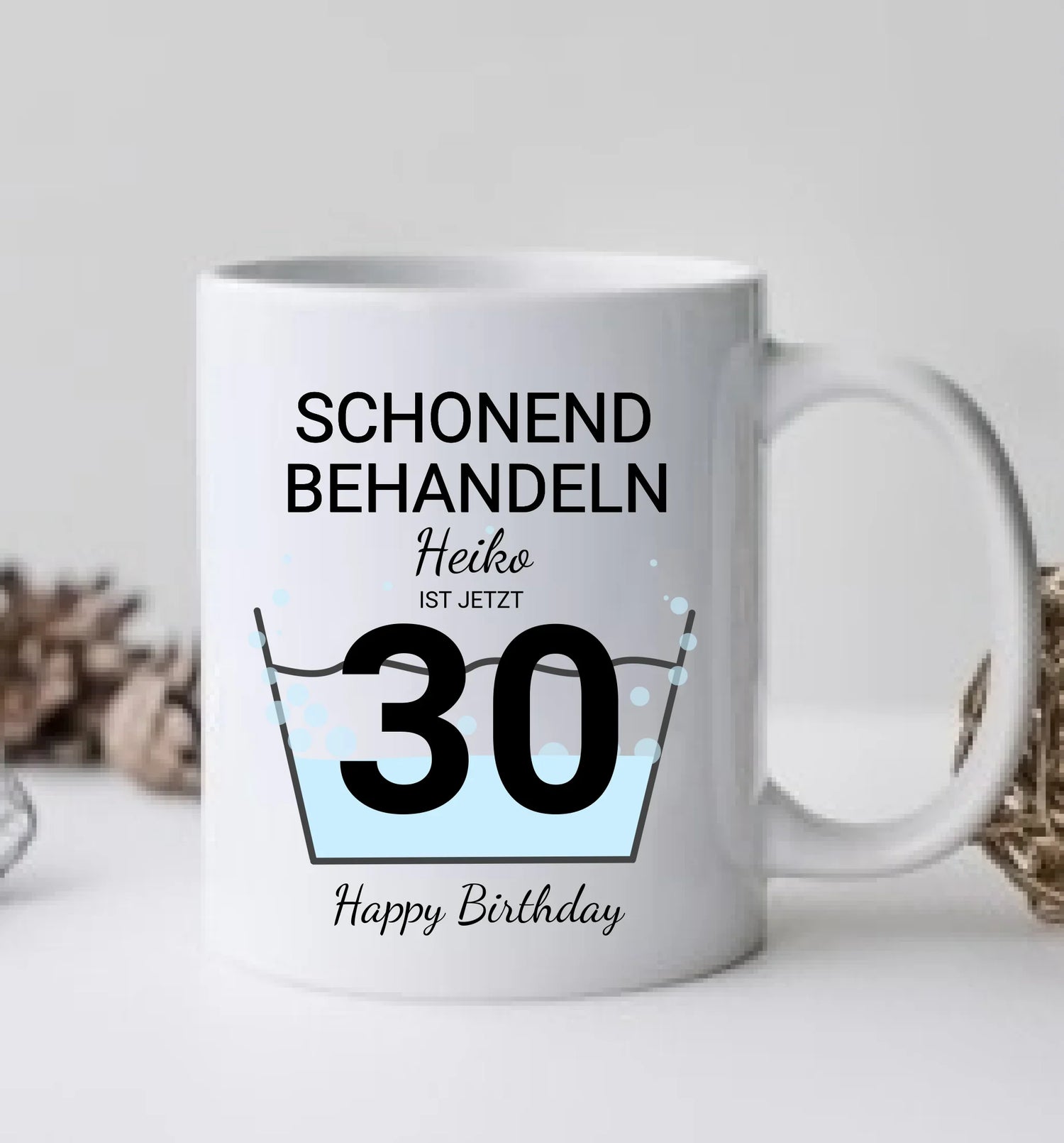 30. Geburtstag - personalsierte Tasse "schonend behandeln" mit Name und Datum
