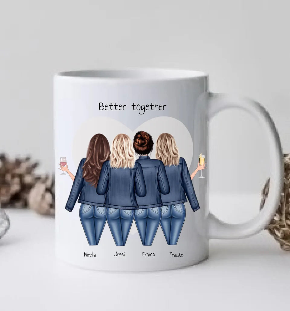 Personalisierte Tassen für 4 Freundinnen oder Kolleginnen mit Namen gestalten, Einzigartiges Geschenk für die Mädelsclique. 100% individuell!