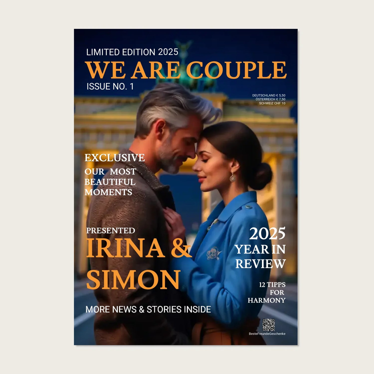 Gestalte dein persönliches Magazin-Cover Poster! Individuell mit Namen, Datum & Foto – perfekte Geschenkidee für Paare, Couples & Jahrestage.