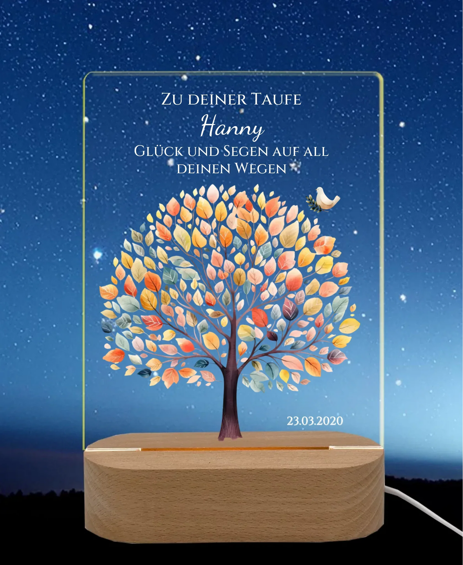 Personalisierte Taufgeschenke mit Motiven wie Lebensbaum, Arche Noah, Namen und Text als Geschenkidee von Eltern, Paten, Großeltern und Verwandten.