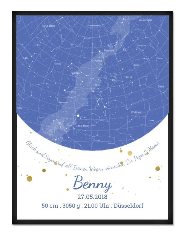 Geburtstanzeige Sternenhimmel Junge, Geburtsgeschenk, Taufgeschenk mit Namen und Datum
