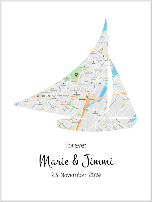 Wo alles begann Poster | Personalisierte Stadtkarte mit Segelboot personalisiertes Hochzeitsgeschenk - Geschenkidee Hochzeit - Kennenlernort-Städteposter - Valentinstag Leinwanddruck Leinwandbild