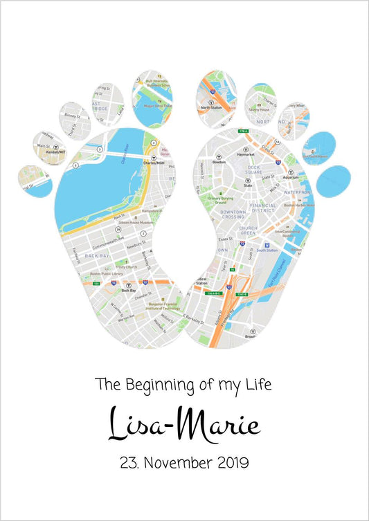 Geschenk Geburt Baby Poster - Geburtsposter - The Beginning of my Life - Map of your Life - Geburtskarte Babyfüsse - Personalized Baby Gifts